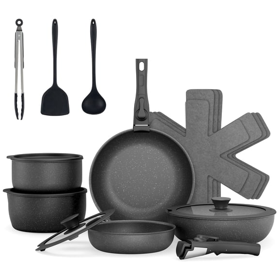RUIE 18-Piece Pots and Pans Set, Ceramic Nonstick Cookware Set with Removable Handles, Stackable Cookware, Fridge Storage Lids and Pot Protectors, Induction Compatible