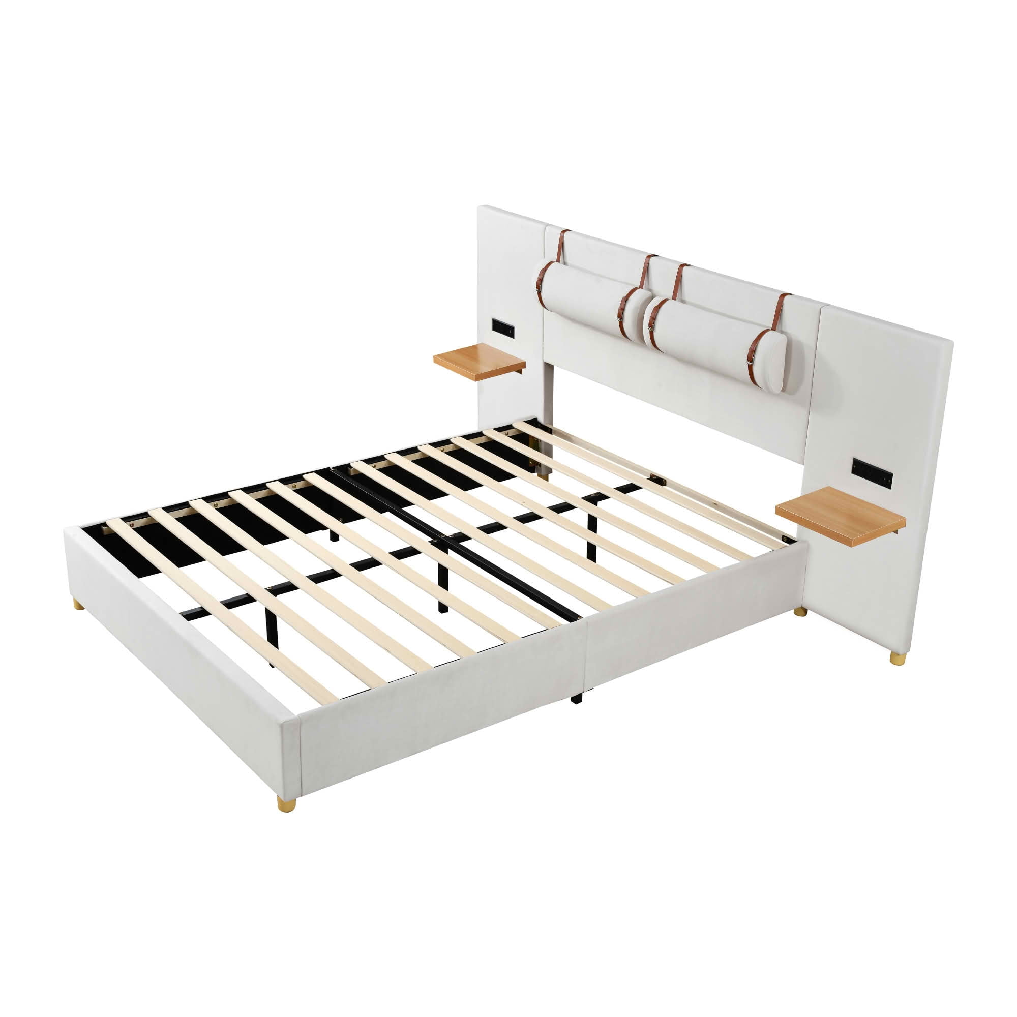 MAYEERTY Queen Size Upholstered Platform Bed, Two Outlets and USB Charging Ports on Both Sides, Two Bedside Pillows, Storage Shelves, Velvet, Beige
