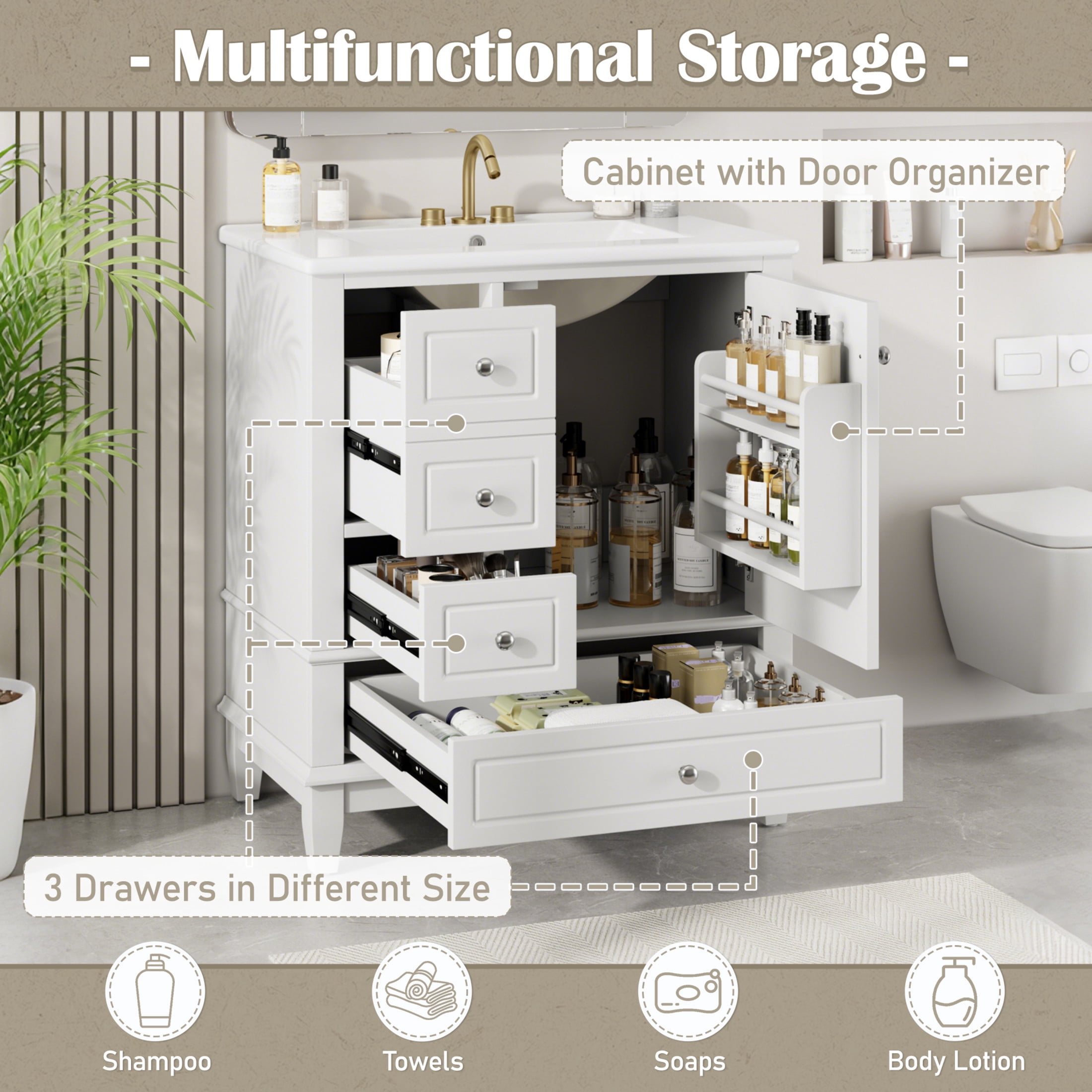 Christopher Knight Home 30" Bathroom Vanity with Ceramic Sink, Multifunctional Storage, Soft Close Door, White