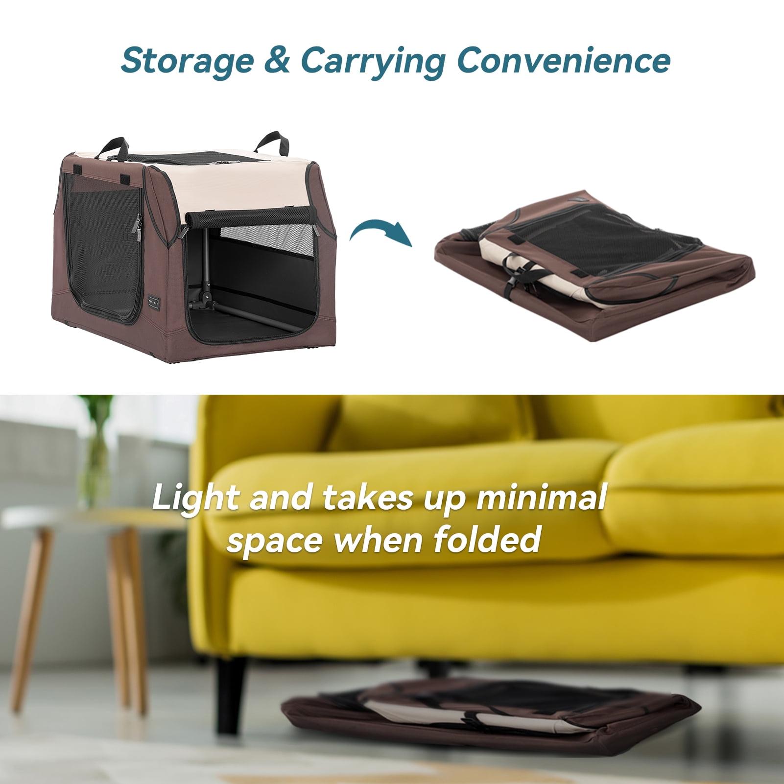 PETSFIT Portable Dog Crate, Collapsible Dog Crate-Lightweight, Foldable & 3 Door Design, Spiral Metal Tube for Adjusting Cloth Cover, Collapsible Soft Dog Kennel, Outdoor & Indoor Use, Brown