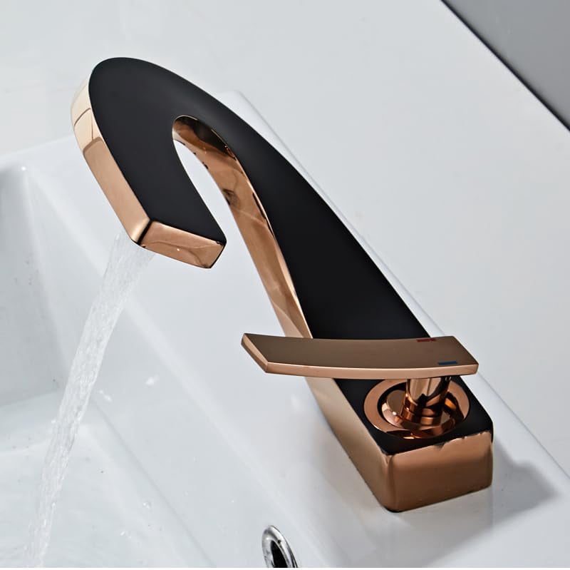 SOKNARKU Modern Bathroom Sink Basin Faucet Brass Single Hole Single Handle Deck Mount Cold And Hot Mixed Creative Design Tap Including Two US Standard 3/8 Hoses Black Rose Gold