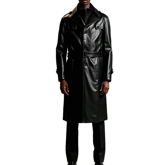 Lovzfmll Men's Leather Trench Coat Business Belted Notched Lapel Pockets Black, 2XL
