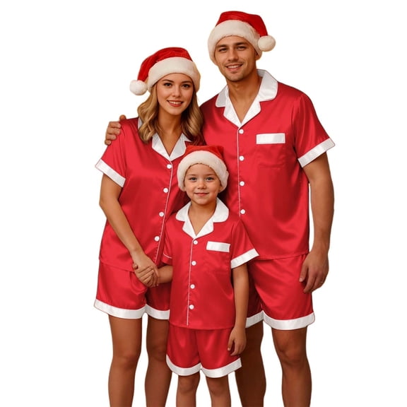 Christmas Satin Silk Pajamas Family Matching Pajamas Set Women Pajama Short Sleeve Button Down Shirt with Shorts Soft Sleepwear Loungewear Cozy Nights Sleepwear Red S