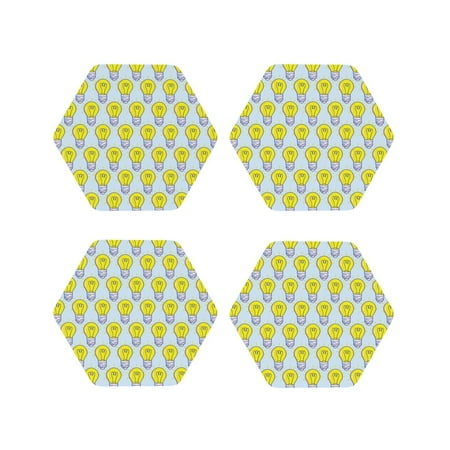 

Coasters Set of 4 - Light Bulb Pattern yellow Drink Coasters for Tabletop Protection Leather Coasters for Living Room Decor and Housewarming Gift Hexagon