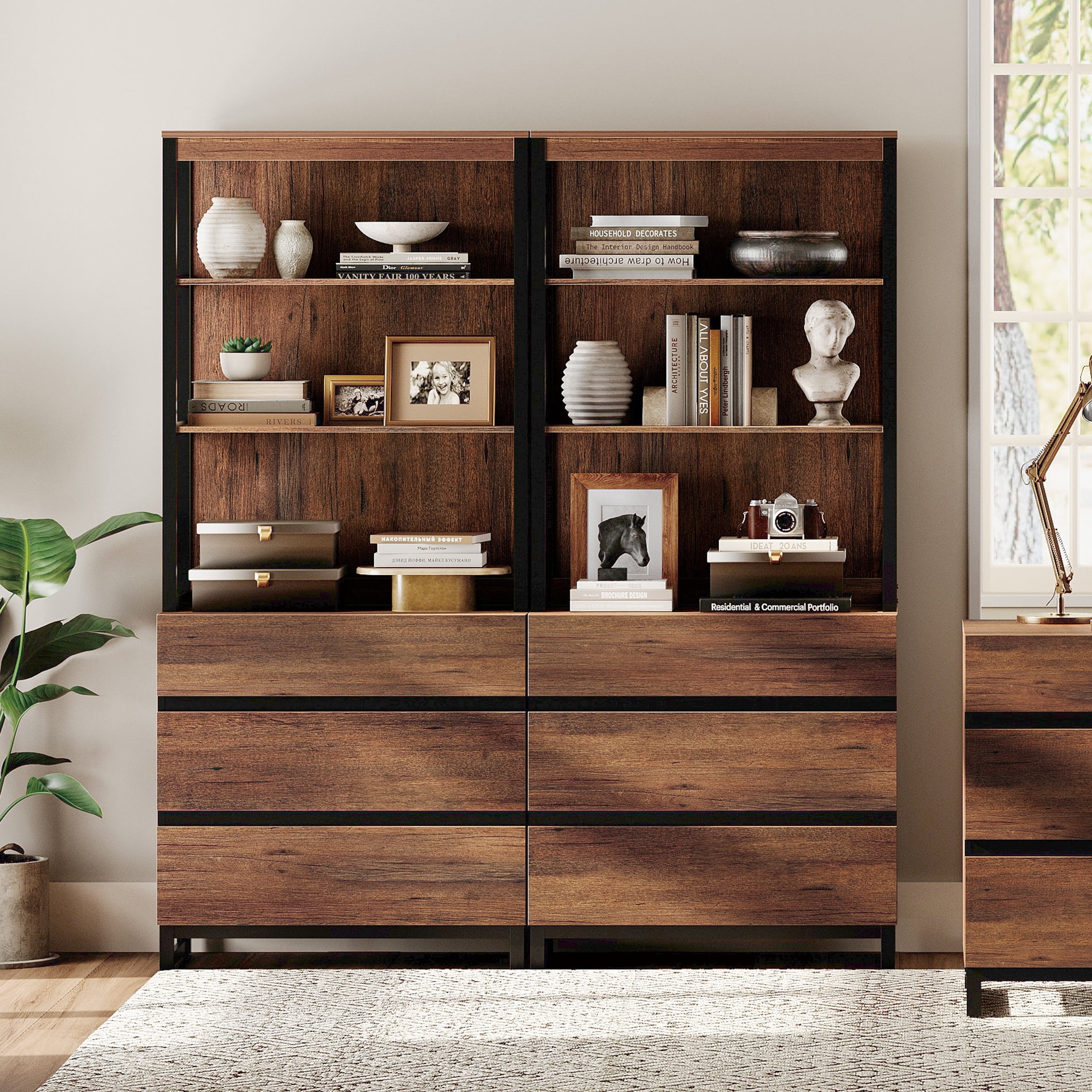 WAMPAT 2-Piece Modern 72" Tall Freestanding Bookcase，6 Drawers, Open Shelves & Storage Cabinet with Metal Base，Wood Library Bookshelf for Home Office & Living Room