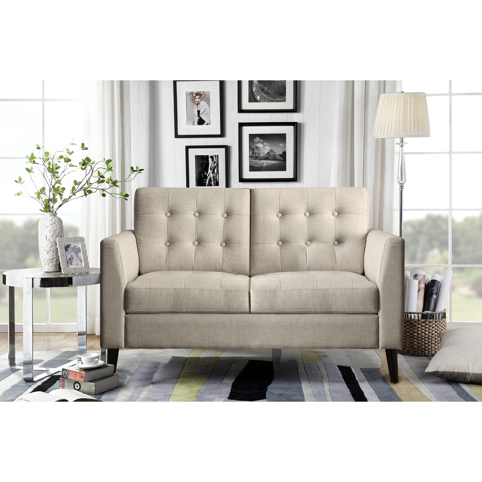 Gewnee Beige 48-Inch Linen Loveseat Sofa 2-Seater Upholstered Couch Solid Rubberwood Legs Button-Tufted Backrest for Living Room Bedroom
