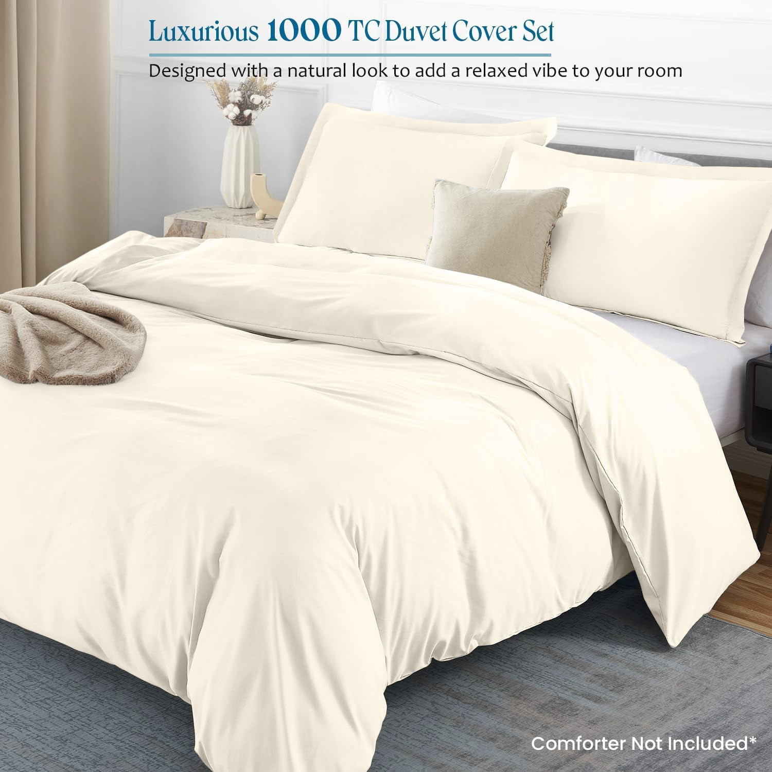 500 TC 100% Egyptian Cotton Duvet Cover Zipper Closur Ultra Soft Durable and Fade Resistant Color Ivory Solid size Queen