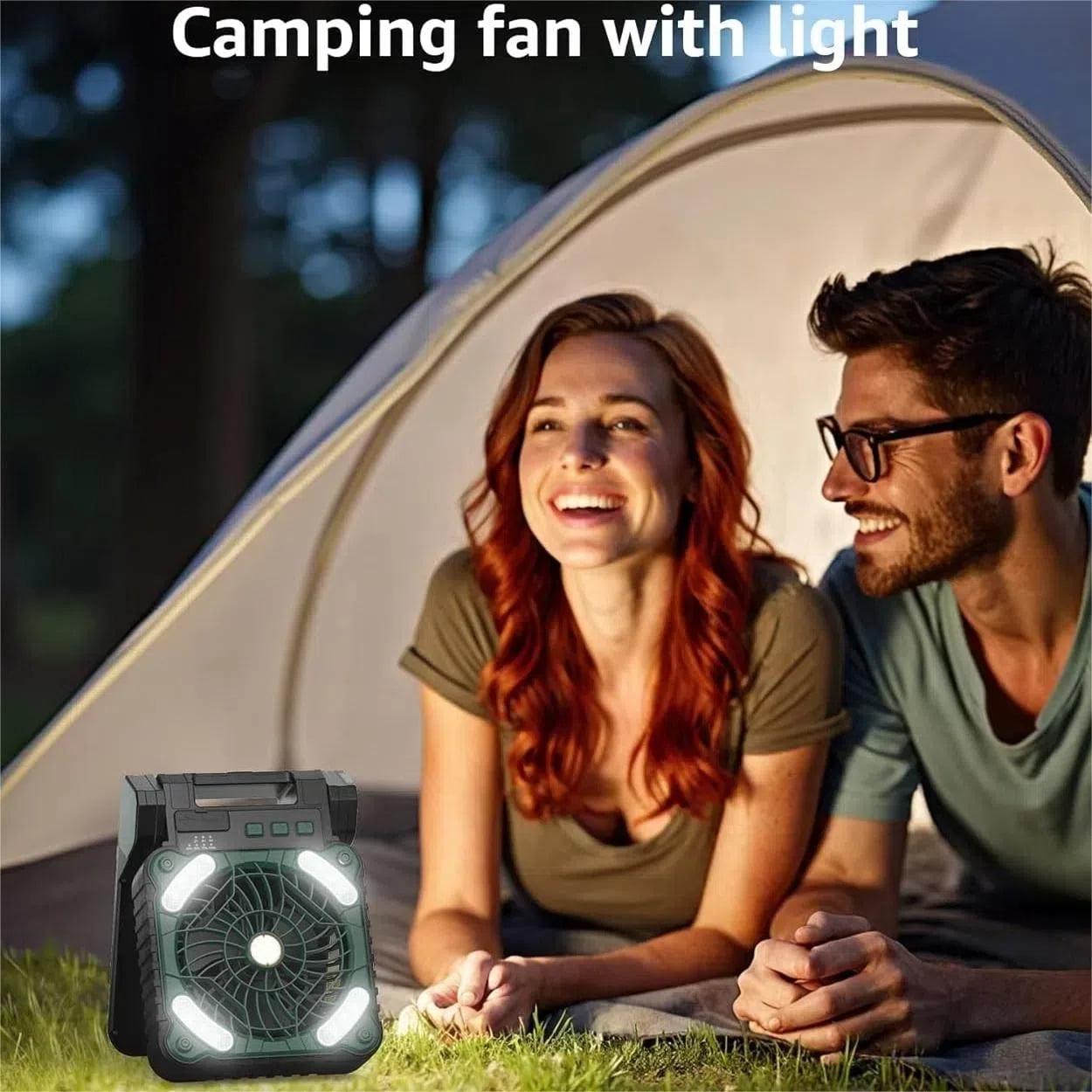 Solar Camping Fan with Light, 4 Speeds USB Rechargeable Solar Powered Fan with Timer, 90° Folding Portable Desk Fan with Power Bank Feature for Hurricane Outages Outdoor Camping Fishing Travel BBQ