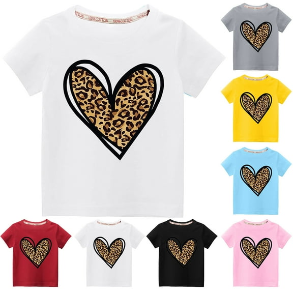 Axiiglly Kids Clothes Cotton T-Shirts Casual Leopard Printed Tops Boys Girls Crew Neck Tees Soft Short Sleeve Heart T Shirts Valentine's Day