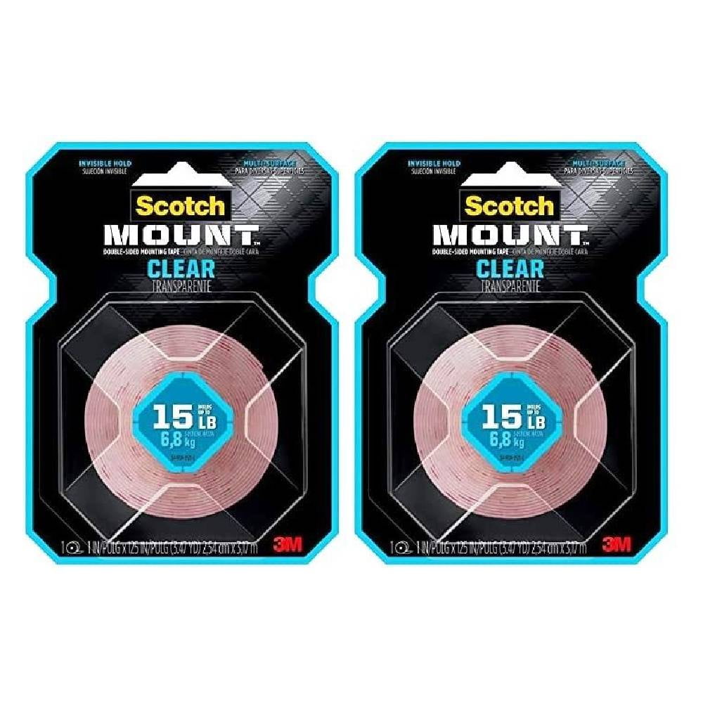 Scotch Mounting Tape Double Sided Strong Adhesive 1 x 60 Inch Invisible Hold Clear 2-Pack
