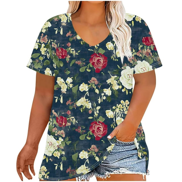 Womens Short Shorts V-Neck Short Sleeve Printing Base Shirt for Women, Plus Size Casual Top Imitation Rack
