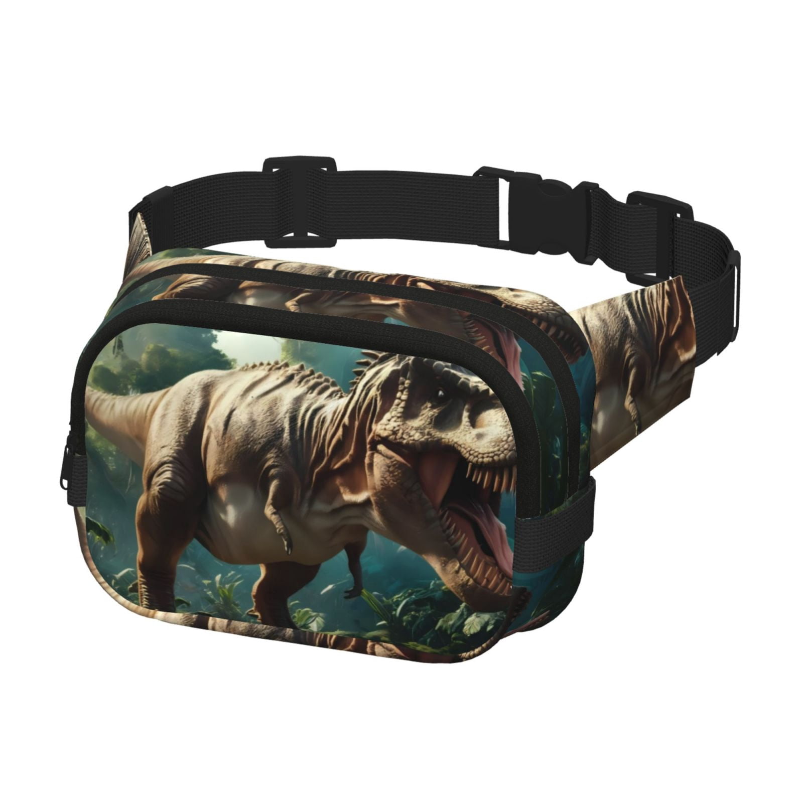 Picia Green Forest Dinosaur Print Square Double-Layer Waist Bag Mini Adjustable Waist Belt Bag Exercise Running Travel Hiking