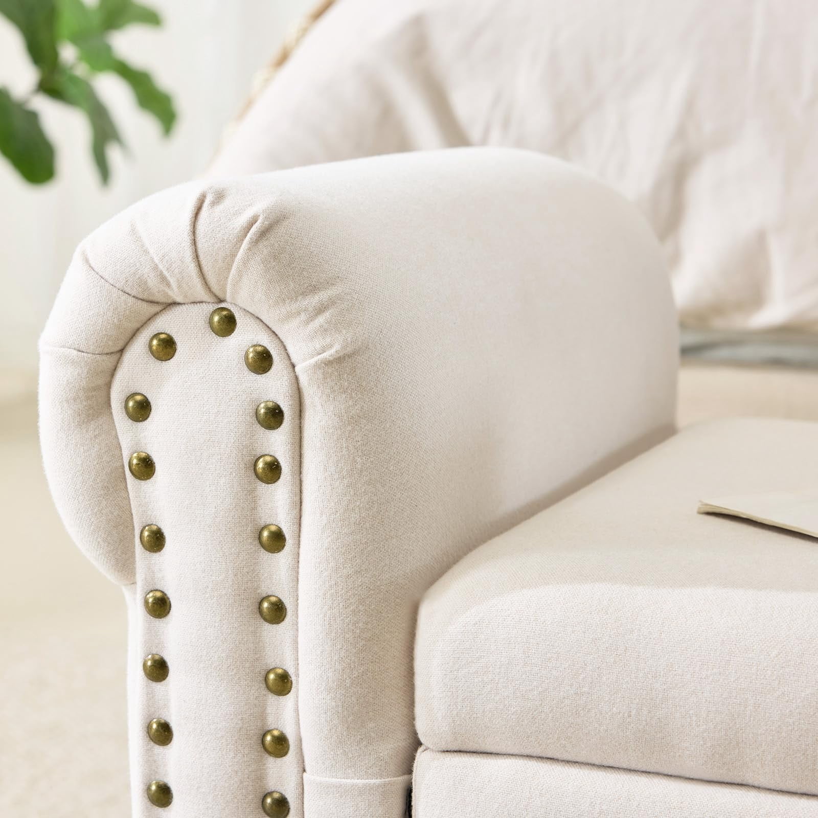 51.5" Storage Ottoman Bench for End of Bed, Upholstered Bedroom Bench with Hidden Storage, Rolled Arm Linen Bench for Entryway Living Room, Beige