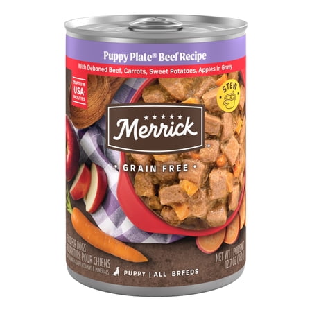 Merrick Puppy Plate Wet Dog Food, Grain Free High Protein Beef Flavor, 12.7 oz Cans (12 Pack)