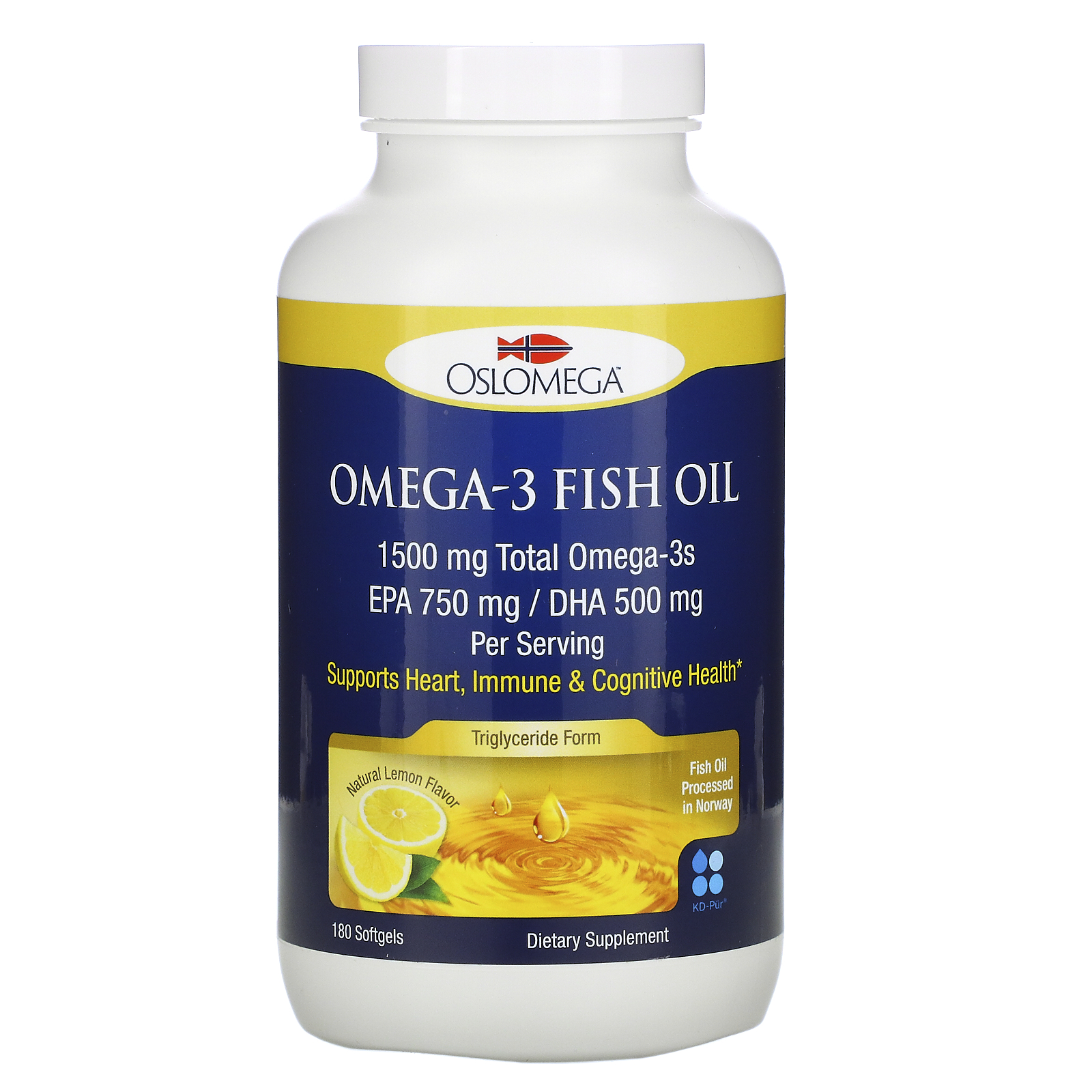 Oslomega Norwegian Omega3 Fish Oil, Lemon Flavor, 180 Fish Gelatin