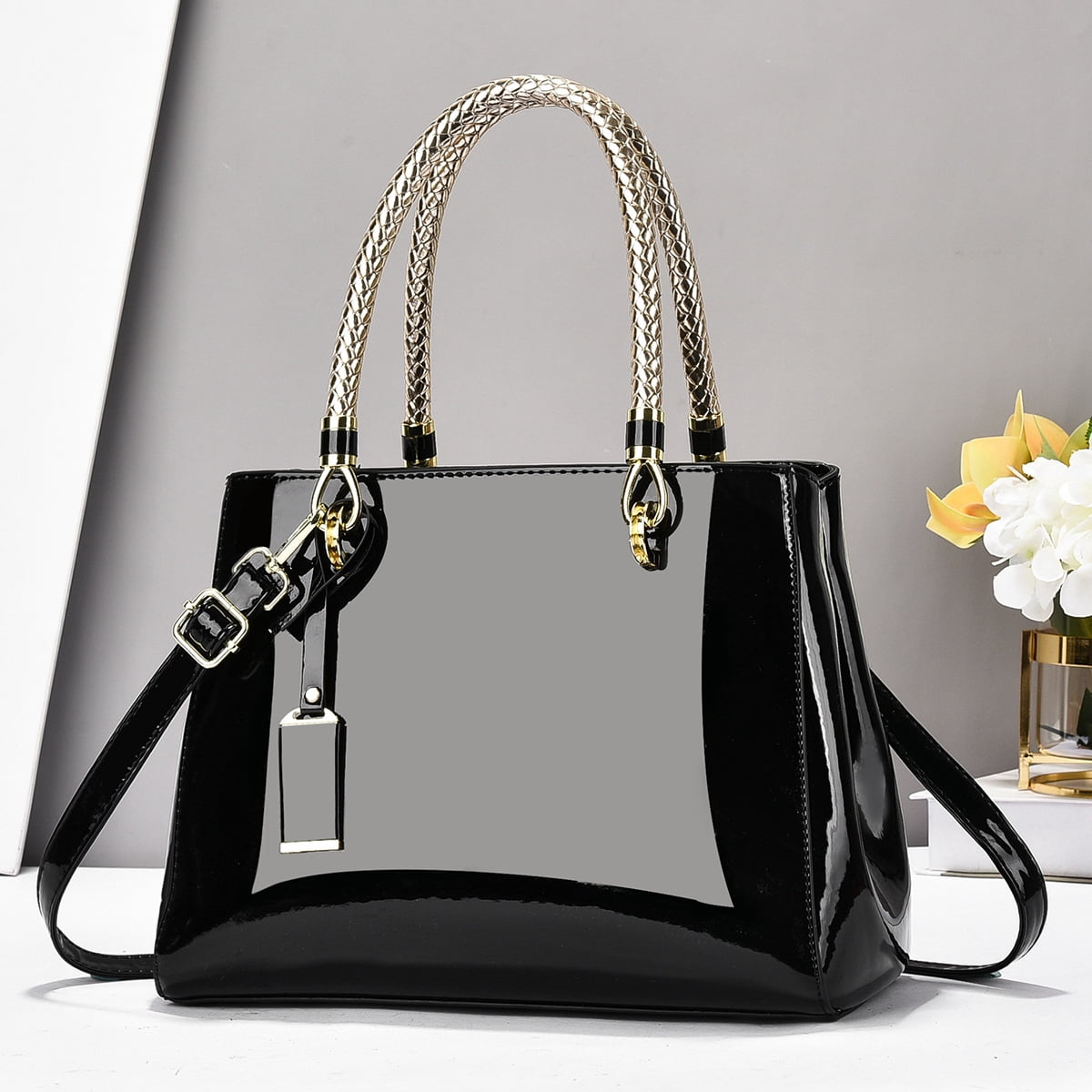 Shiny Patent Leather Crossbody for Women Push Glossy Shoulder Bag Satchel Purses Party Totes Top Handle Bags