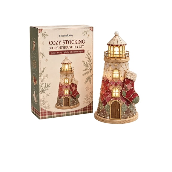 LEVEO Christmas Glow 3D Lighthouse DIY Kit,DIY Lighted Christmas Character Sea Glass-Style Lighthouse Kit Collection,Beginner Friendly Handmade Craft(Cozy Stocking)