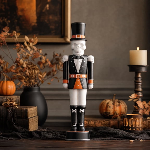 Halloween Skeleton Nutcracker Resin Statue, 14 Inch Skull Soldier Figurine, Desktop Decor for Holiday Party Display