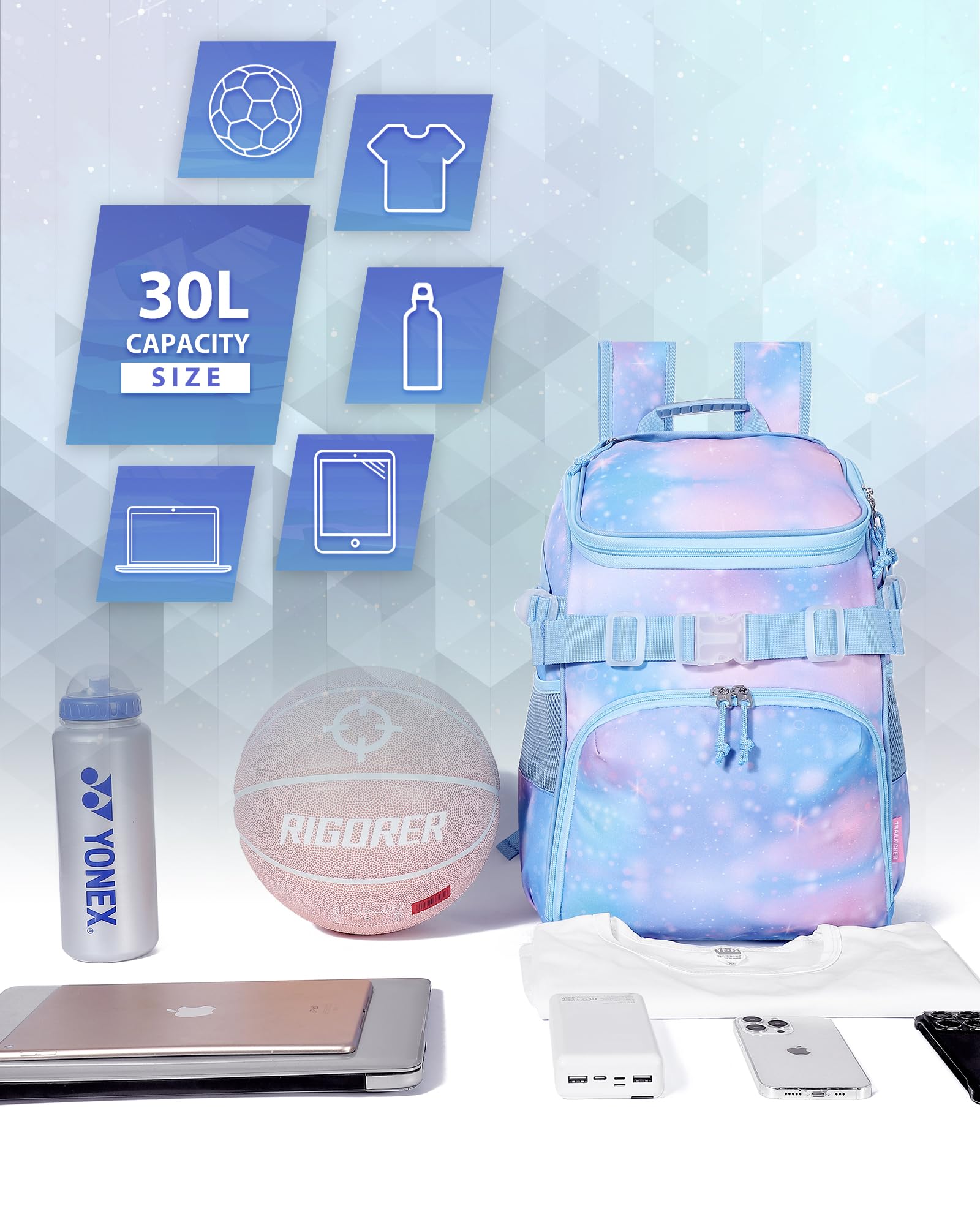 Basketball Backpack Women Fit Soccer Volleyball Baseball Football Sports Backpack Training Equipment Bag for Team -Sky Blue