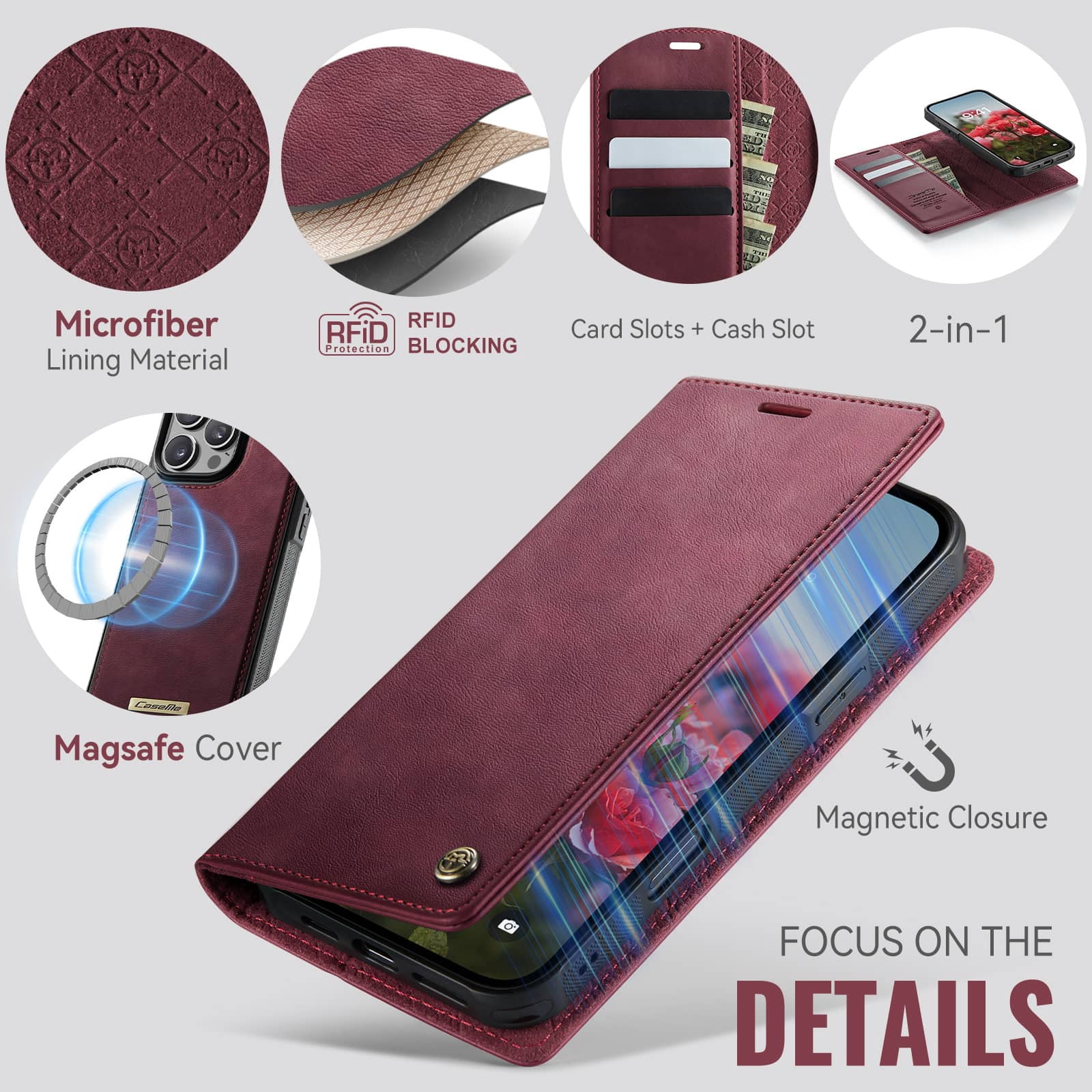 Magnetic 2 in 1 Magsafe Detachable Wallet Case for iPhone 16 Pro Max with Card Holder Women Men, Retro PU Leather【RFID Blocking】Kickstand Shockproof Cover