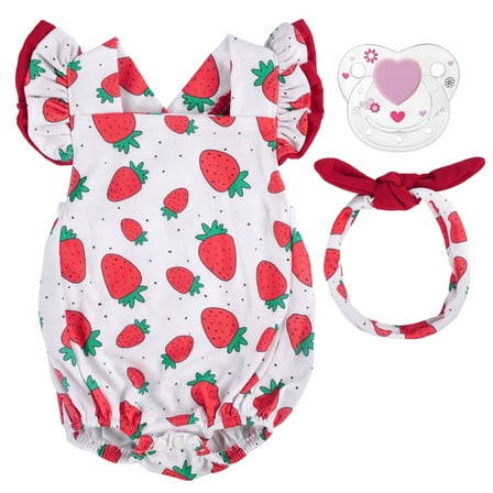 RSG 3Pcs Reborn Baby Doll Clothes for 17-22 Inch Dolls,Strawberry Outfit Set with Magnetic Pacifier, Soft Cloth Body Accessories for Newborn Reborn Dolls