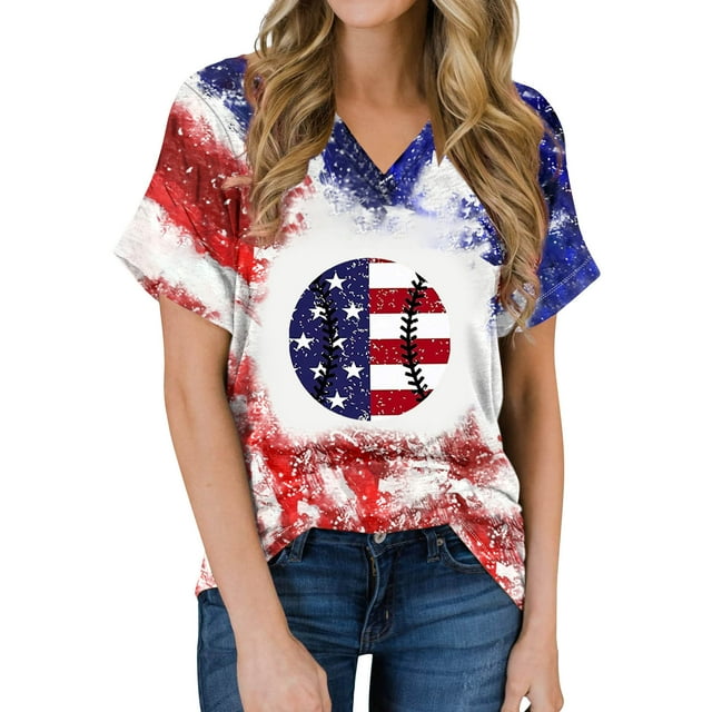 Camisas de Manga Corta para las Mujeres Día de la Independencia Blusas Estampado Cuello en V Top, Blusas para las Mujeres Casual