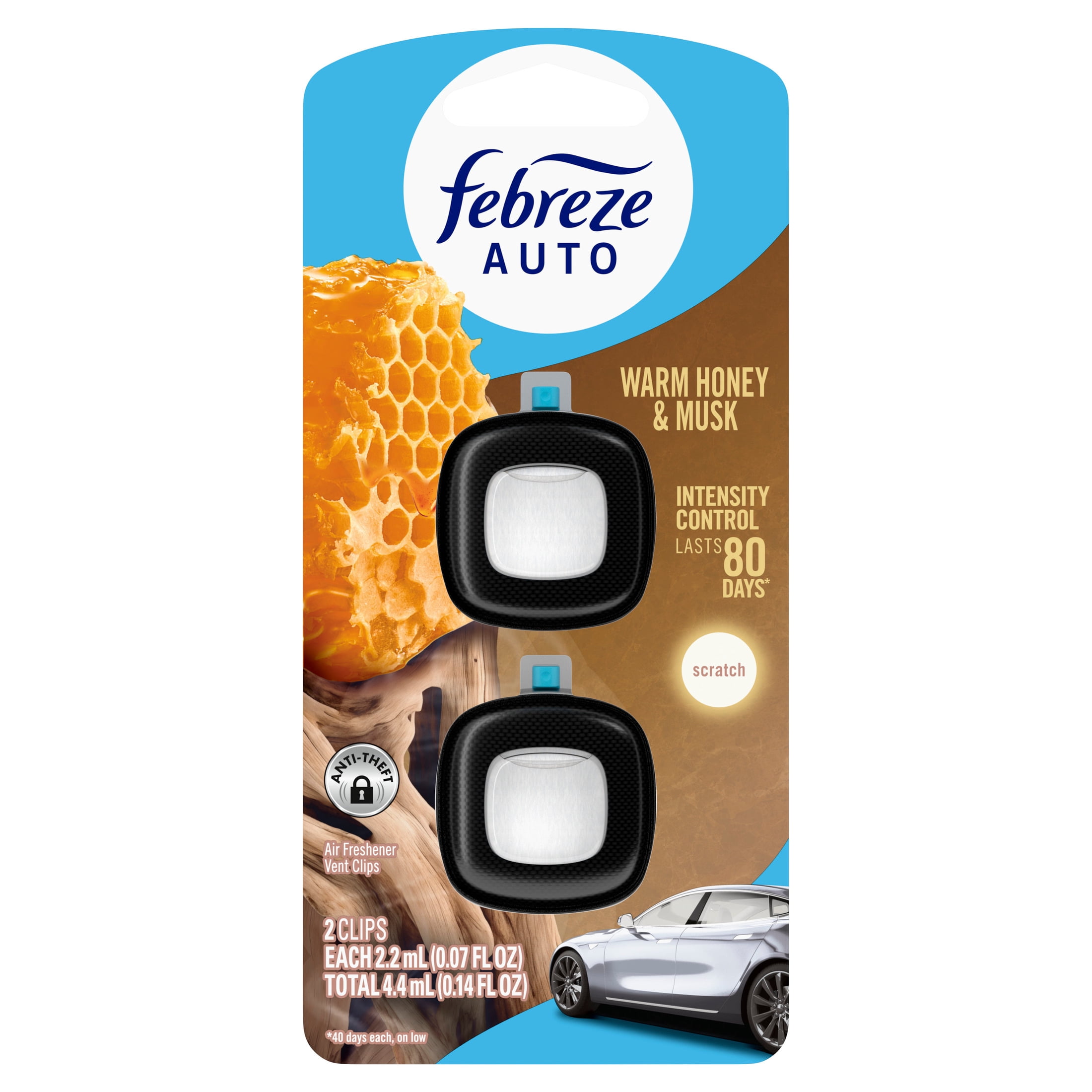Febreze Auto Air Freshener, Car Vent Clip, Warm Musk & Honey, 2 Count