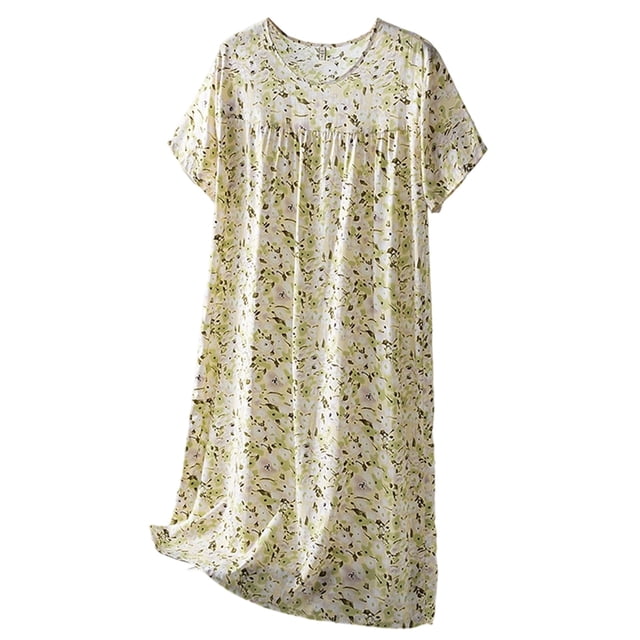 Chemise de Nuit d'Été pour Femmes Manches Courtes Col Rond Chemise de Nuit Confortable Vêtements de Détente à la Maison Robe de Nuit Imprimée Décontractée Chemise de Nuit Petite Bouton avant pour Femmes Chemise de Nuit Grande Taille