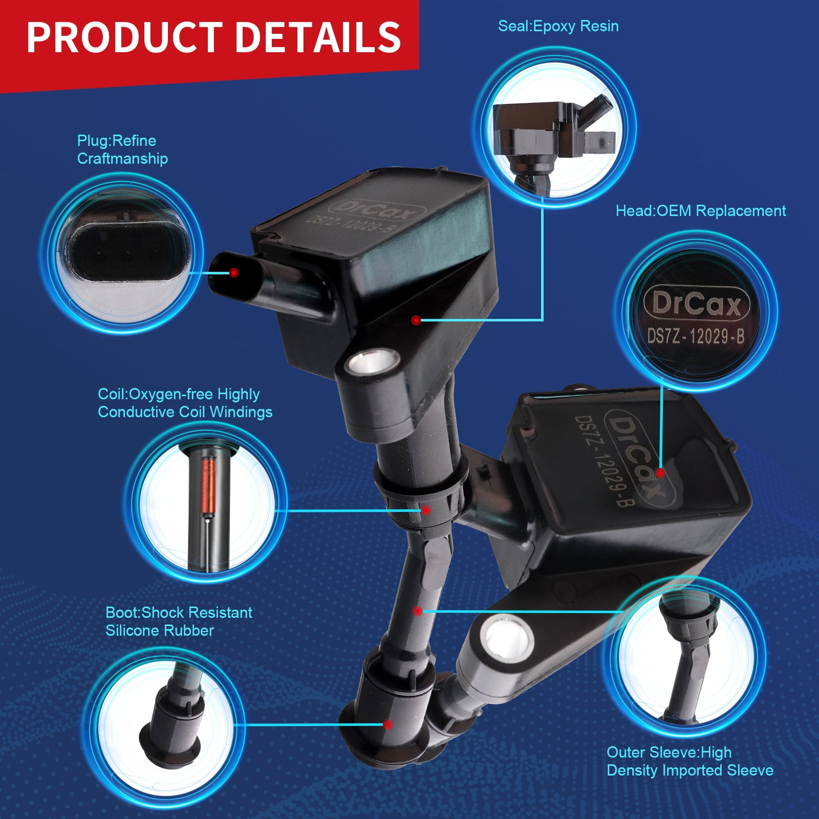 DrCax OEM Ignition Coil UF735 DS7Z-12029-B Compatible with Ford 2014 2015 2016 2017 2018 2019 Fusion and Escape Replaces C1848 DG552 DG554 GN10645 1.5L L4 - 1 Pack