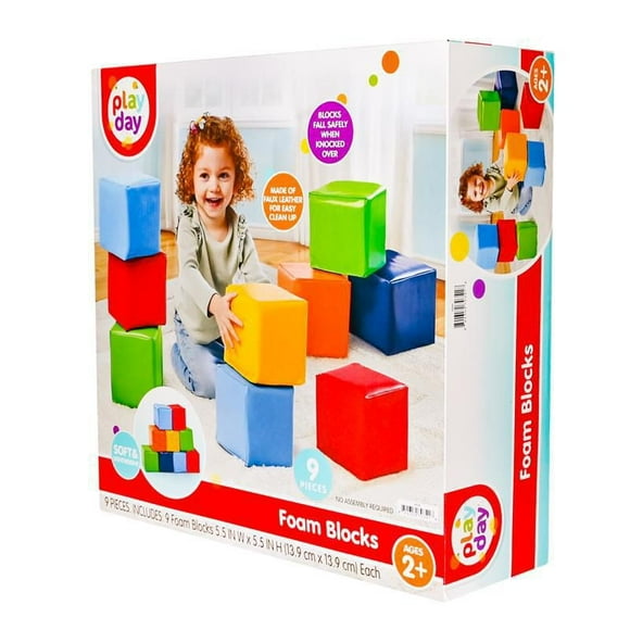 Play Day Foam Blocks, Soft Faux Leather Play Blocks for Kids 2+, 9 Pieces