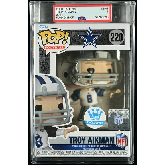 NFL Dallas Cowboys, PSA Graded 9 MINT, Troy Aikman Collectible Vinyl Figure #220, Fully Encapsulated Bundle with Compatible Funko Pop! PSA Hard Protector Case