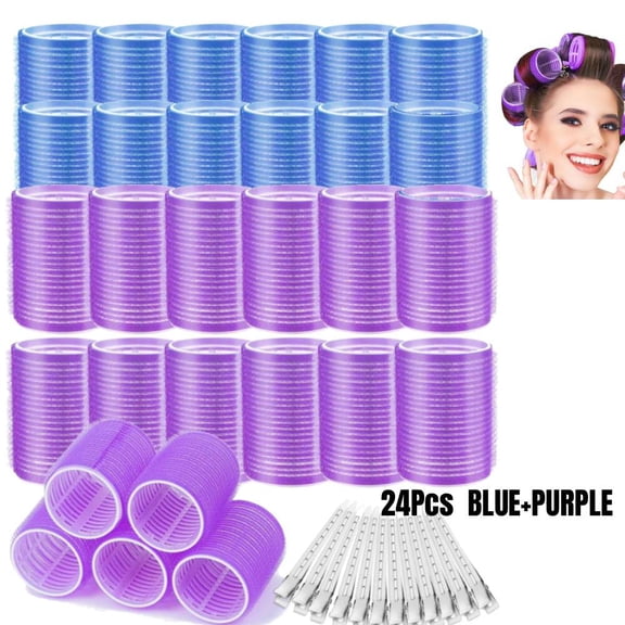 Velcro Hair Rollers Set for Women - 48 Large Rollers & Metal Clips for Long Thick Hair, No Heat Volume Curls (24 Rollers 24 Clips, Blue,purple)