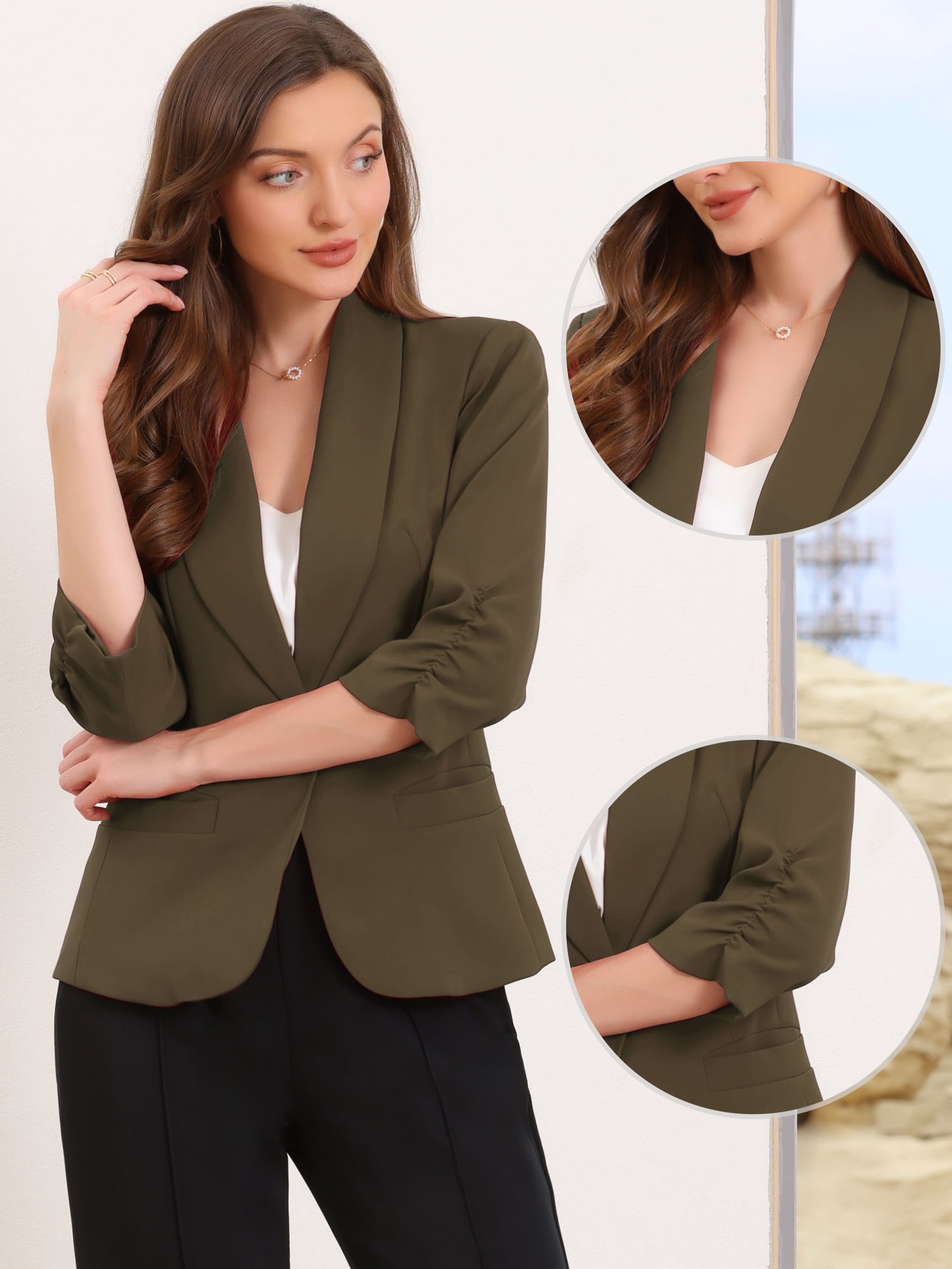 DARING DIVA Women's 3/4 Sleeve Shawl Lapel Work Blazer with Pockets XS Coffee