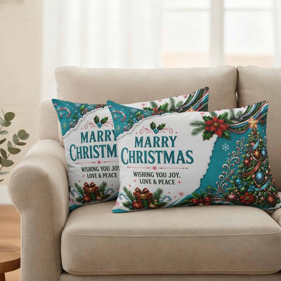 Waterproof Throw Pillow Covers 20x12 Set of 2, Christmas Tree Poinsettia on Blue Outdoor Pillowcases Invisible Zipper, Xmas Ball Winter Snow Decorative Cushion Covers for Patio Garden Sofa Couch