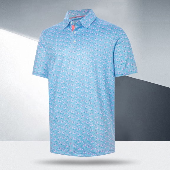 BUWTTED Mens T Shirts Short Sleeve Full Print Graphic Golf Polos Comfortable Breathable Casual Top Outdoor Activities Blue Shirt L