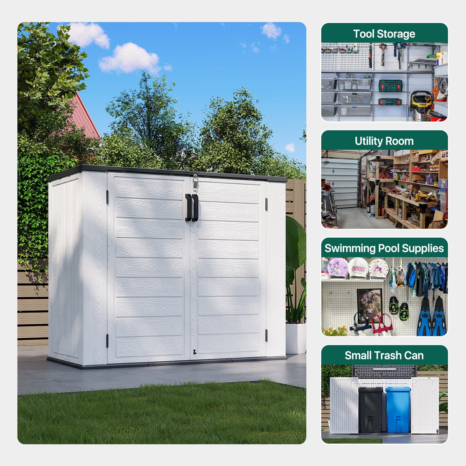 Dateyes 41 Cu.Ft Outdoor Storage Shed, Waterproof Resin Cabinet with Floor for Patio, Garden & Pool, White