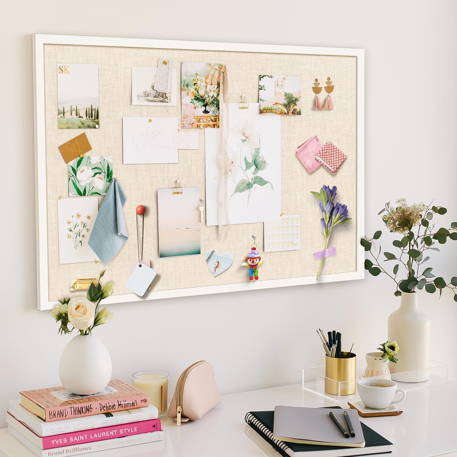 Large Bulletin Board, 36 "x 24" White Cork Boards for Walls with Frame, Pin Display Board Vision Board