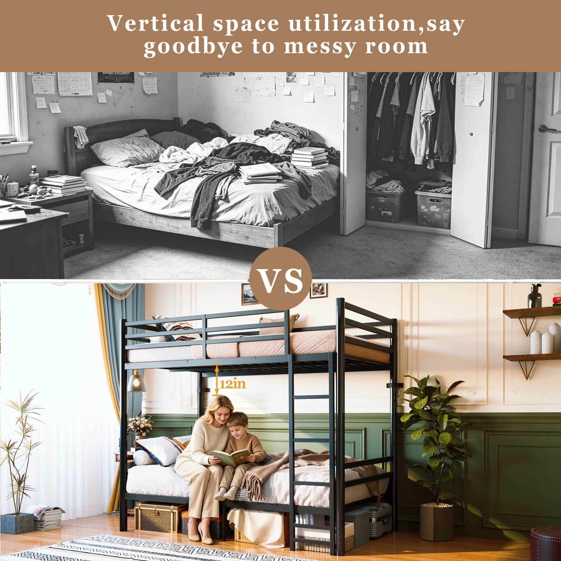 Leumius Metal Bunk Bed Twin Over Twin,13.7" High Safety Guardrail, Heavy-Duty Slats Support Up to 600LBS, Sturdy Side Ladder, Large Under Bed Storage, Convertible into 2 Separate Twin Beds,Black