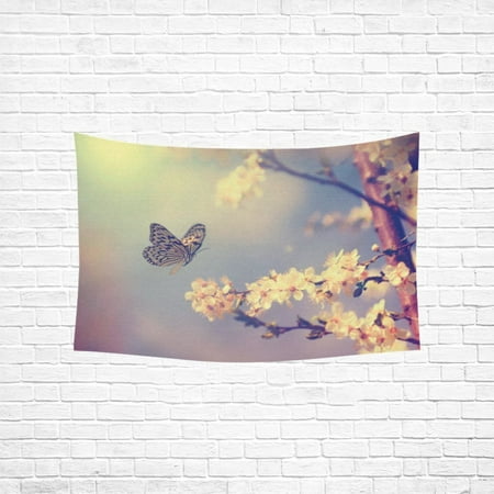 YKCG Home Decoration Vintage Butterfly and Cherry Flower in Spring Wall Hanging Tapestry 60 x 51 Inches
