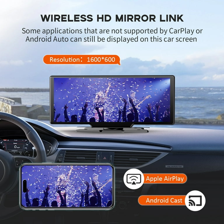 Portable Wireless Carplay& Android Auto Car Screen,10.26 Inch IPS  Touchscreen with 4K Dashcam and HD Back-up Camera Support  Bluetooth/Siri/Google/GPS/Mirror-Link 