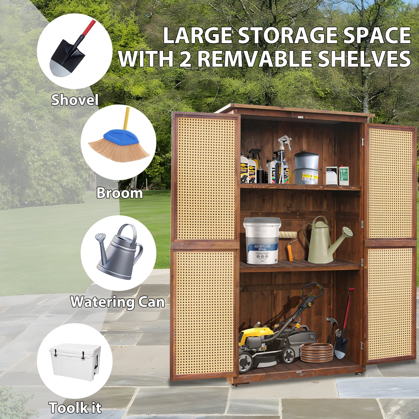 Outdoor Storage Cabinet, Beneouya 60.6" Wooden Garden Shed with 2 Removable Shelves & Waterproof Roof for Garden, Lawn, Patio - Carbonized Black