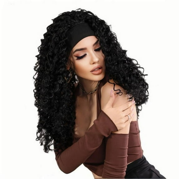 PEAKIN Fashion Black Curly Wig with Hair Band Women's 24 inch Breathable and Natural Can Be Permed at High Temperatures for Long Curly Wig
