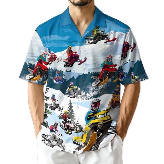 Netecom Snowmobile Hawaiian Shirt for Men, Sporty Style, Button Down Summer Beach Short Sleeve, S-5XL