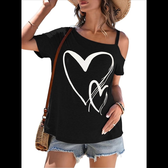 Camiseta de Mujer con Cuello Asimétrico, Corte y Estampado Gráfico, Corta. Negro S