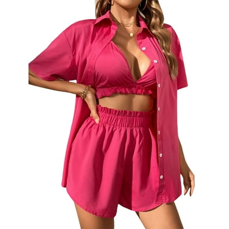 

Thaisu Women s 2 Piece Lounge Set Pajama Set Short Sleeve Shirt Top Solid Color Shorts Sleepwear Sets