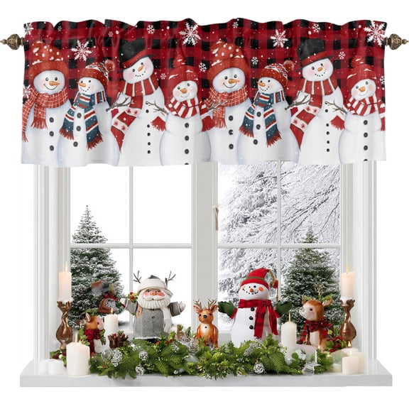 Valances for Windows Christmas Snowman Snowflake Seamless Rod Pocket Short Curtain for Bathroom Living Room Bedroom Red Black Buffalo Plaid 1 Panel 42x12in
