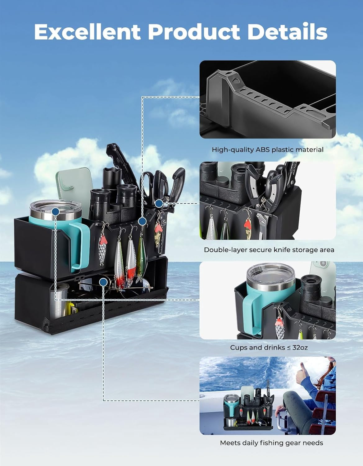 Upgraded Boat Cup Holder Marine Caddy Organizer w/ Flexible Groove Universal Fishing Accessories Fit for Bass Boat Kayak Pontoon Jon Boat