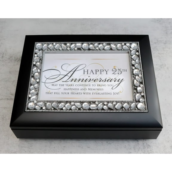 Happy 25th Anniversary Burlwood With Crystals & Silver Motif Musical Trinket Box