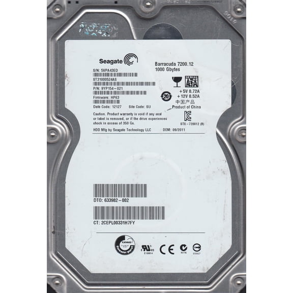 ST31000524AS, 5VP, SU, PN 9YP154-021, FW HP63, Seagate 1TB SATA 3.5 Hard Drive
