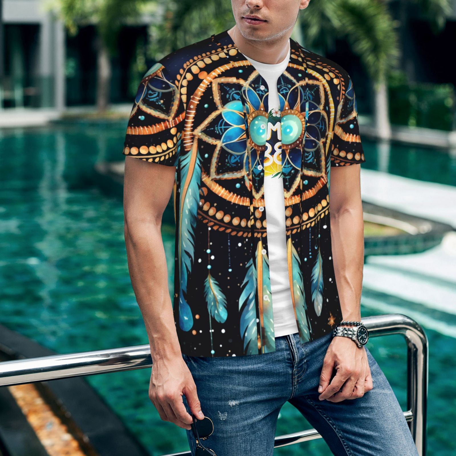 Mens Graphic Baseball T Shirt Short Sleeve Summer Casual Tee Top Jersey, Dream Native American Indian Tribal Starry